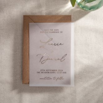 Vellum Foiled Modern Elegance Save The Date with Script Names