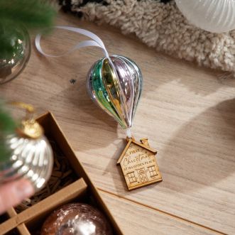 Glass Hot Air Balloon with Wooden House Christmas Decoration