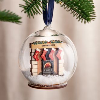 Personalised 3D Fireplace with Family Stockings Bauble