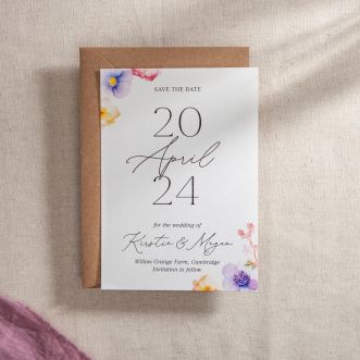 White Printed Pressed Floral Save the Date with Big Date