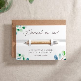 White 'Watercolour Eucalyptus' Pencil Us In Save the Date