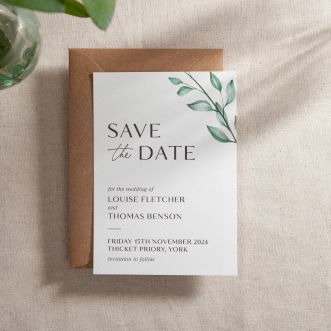 White Printed Watercolour Leaves Save the Date
