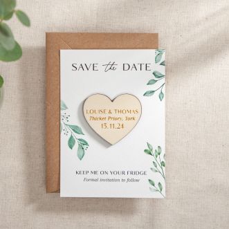 Watercolour Leaves Save the Date with Heart Magnet