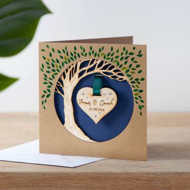 Wooden Anniversary Hanging Heart Tree Keepsake Card