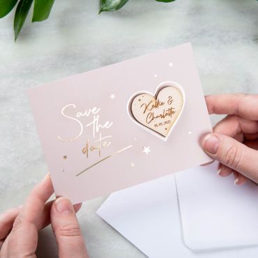 Heart Shaped Magnet with Stars Foiled Save the Date Card - Pink