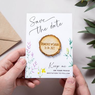 Tree Slice Magnet with Wild Flowers Save the Date Card