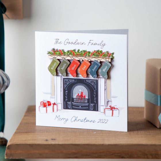 Family Stockings on Fireplace Christmas Keepsake Card