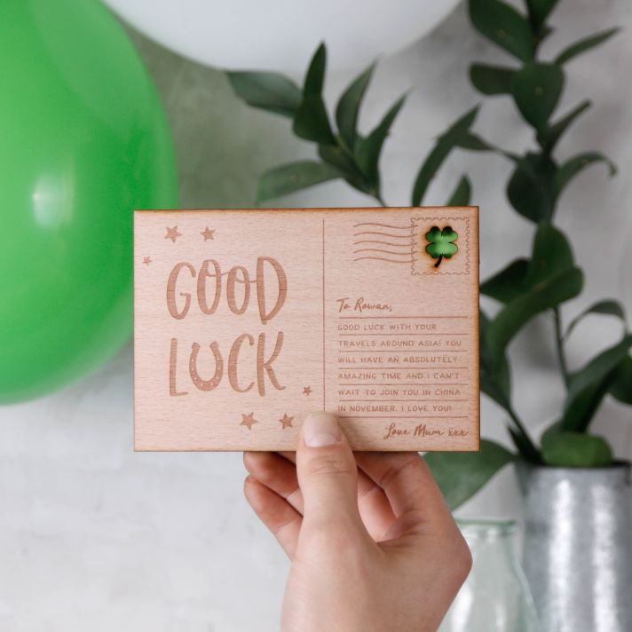 Personalised Good Luck Wooden Post Card