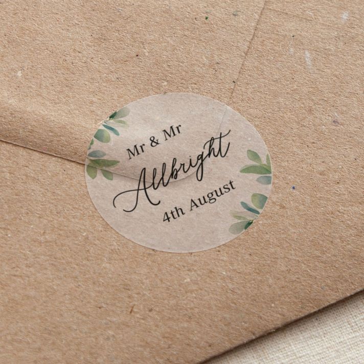 Watercolour Eucalyptus Custom Text Printed Wedding Stickers