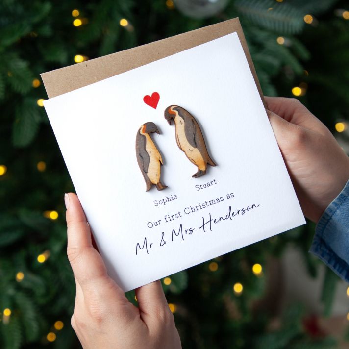 Wooden Penguin Couple Christmas Keepsake Card
