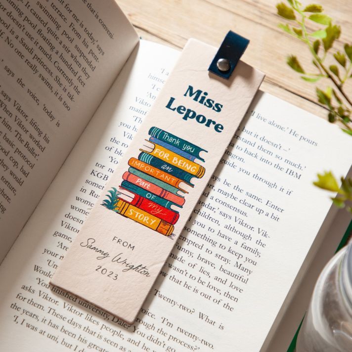 Stack of Books Thank You Teacher Leather Bookmark