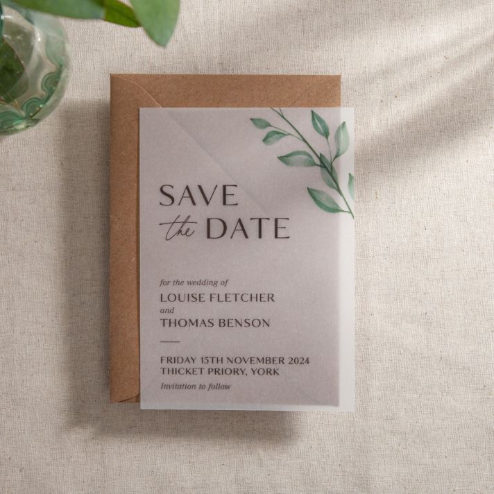 Vellum Printed Watercolour Leaves Save the Date